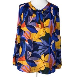 Black Rainn Blue and Yellow Tie Front Blouse with Peter Pan Collar
